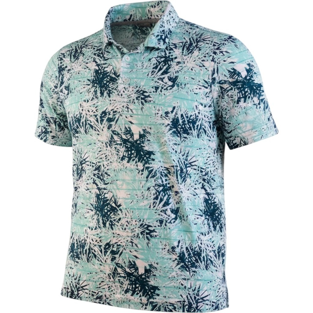 PUMA Performance Polo Shirt Mens Medium Blue Green Hawaiian Tropical Stripe Golf